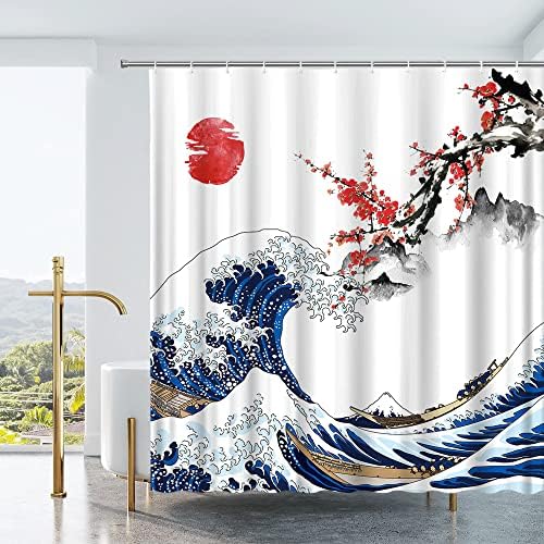 Japán Zuhanyzó Függöny, Vörös Nap Hullám Ázsiai cseresznyevirág Naplemente Fuji Hegy Hajó Keleti tusfestészet Fürdőszoba Decor ruha