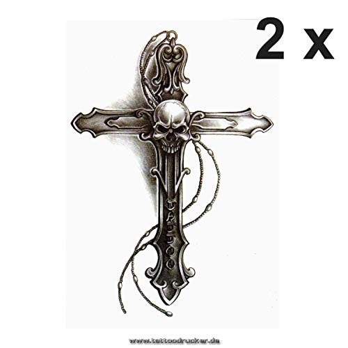 2 x Fekete Kereszt XL Tetoválás - Koponya Medál, Lánc - Testület Ideiglenes Tetoválás - HB838 (2)