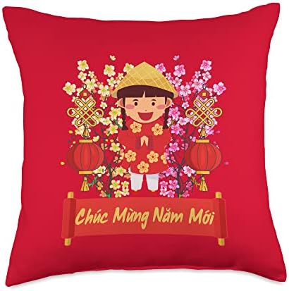 Boldog Vietnami holdújév 2022 Ruhája Lány Chuc Mung NAM Moi | Peach Blossom Vietnami Új Év Párnát, 16x16, Többszínű
