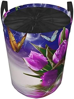 Lila Tulipán Pillangó Ki Kerek Tunika Piszkos Zsebében,Vízhatlan Oxford Szövet, Fogantyúval Lehajtható Tároló Kosár